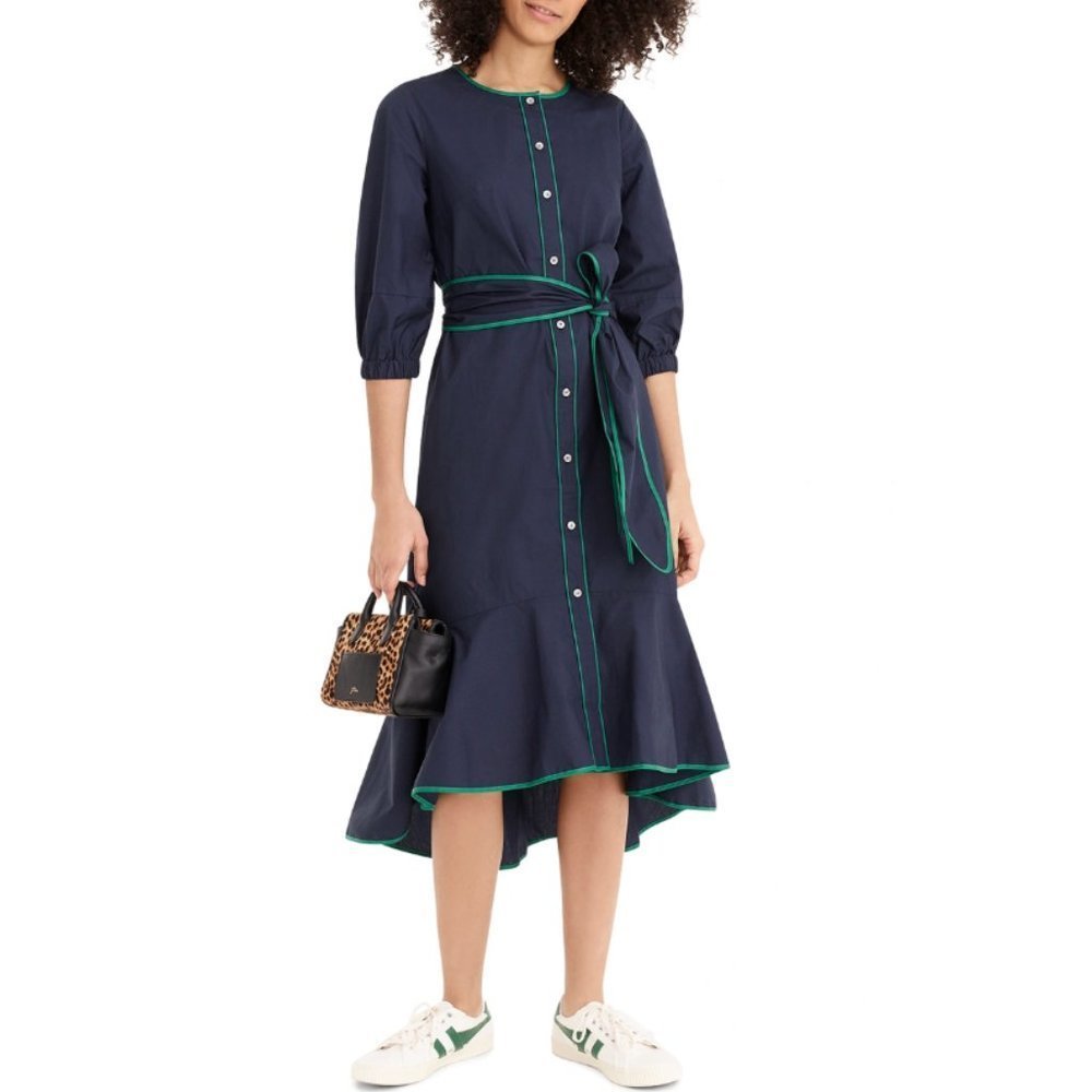J. Crew Navy Midi Dress with Green Trim